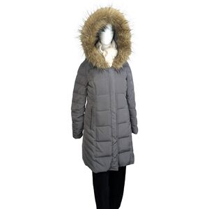 Cole Haan Down Filled Grey Puffer Jacket with Faux Fur Trim, Size Medium